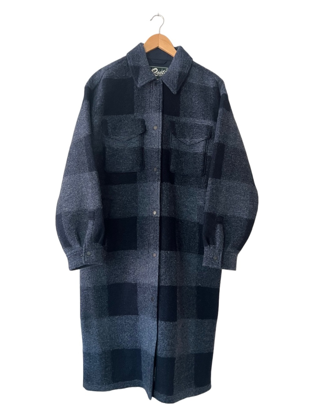 Roots Seymour Long Shacket Navy Park Plaid Wool Blend NWT L